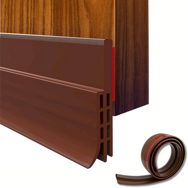 Door bottom seal strip in brown is shown, appears to be made of rubber, with one end attached to a wooden door.