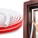 Door seal strip roll of white door seal strip, with a section applied to a door frame demonstrating its use. Pre-tapped #m ,strong adhesive and used for sound proofing on doors 