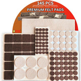 A set of  145 pieces of StickGuard Premium Felt Pads in various shapes and sizes, displayed on a white background, indicating their use for protecting floors from furniture scratches. In 2 colors .Beige and brown and black and white