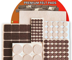 A set of  145 pieces of StickGuard Premium Felt Pads in various shapes and sizes, displayed on a white background, indicating their use for protecting floors from furniture scratches. In 2 colors .Beige and brown and black and white