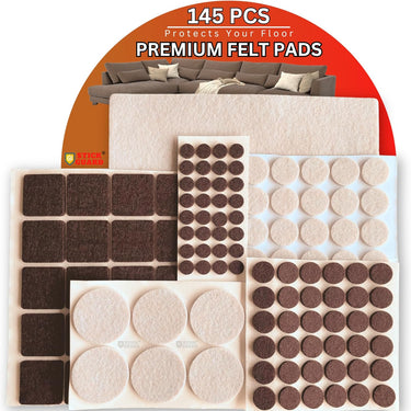 A set of  145 pieces of StickGuard Premium Felt Pads in various shapes and sizes, displayed on a white background, indicating their use for protecting floors from furniture scratches. In 2 colors .Beige and brown and black and white