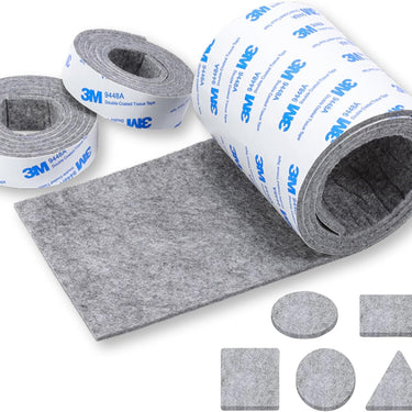 Rolls of felt furniture pads with 3M adhesive tape backing, including strip rolls and cut-out shapes for furniture legs.