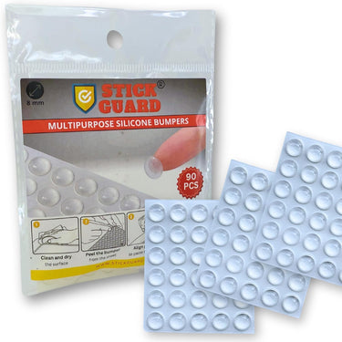 Packaging of StickGuard multipurpose silicone bumpers, showing the product name and quantity, with some clear silicone bumpers visible in front.