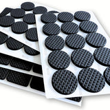 A sheet of non-slip furniture rubber pads arranged in rows, with some pads already adhered to a white surface.different shapes in one pack