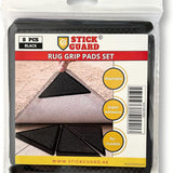 Packaging of StickGuard rug grip pads showing the product and its name, with a picture of a rug on a floor demonstrating the use of the grip pads.